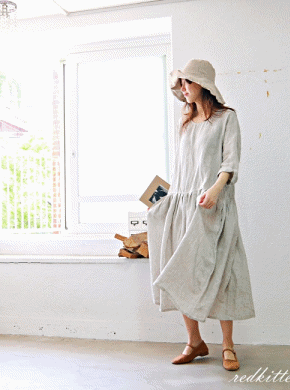 Beautiful linen dress with line -2Color - Beautiful with rich wrinkles