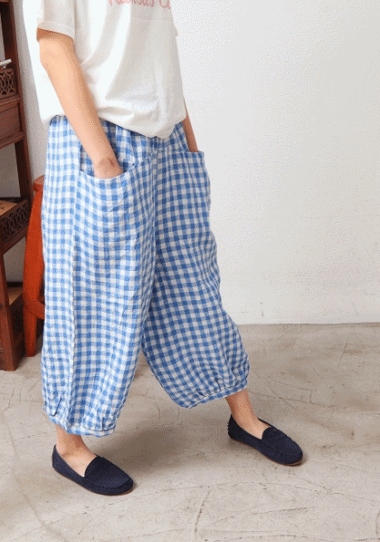 Checked linen pants-3 Color
