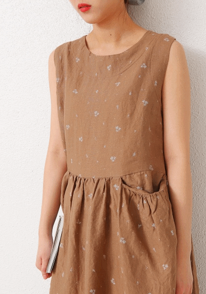 Linen Flower Sleeveless Dress-2Color