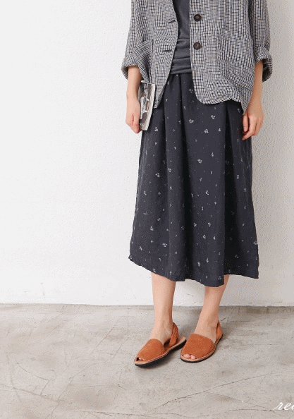 Sale-Linen Flower Skirt-dark gray 71800-->55800