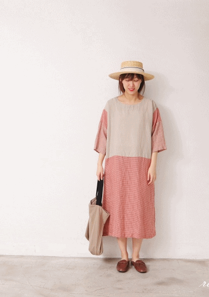 Check Color Linen Dress-2Color