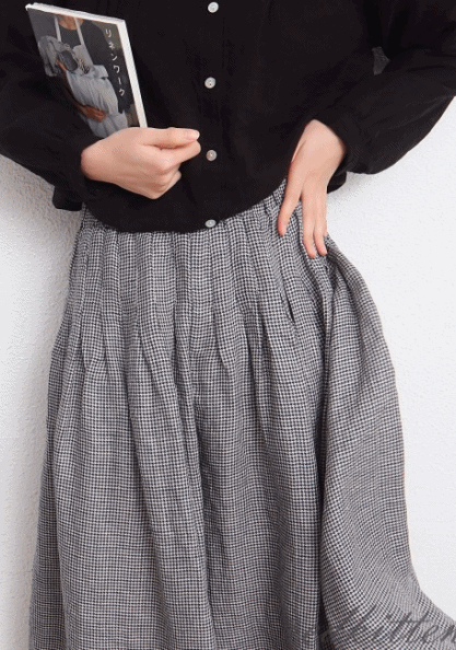 Linen Pin Tuck Check Skirt-2Color