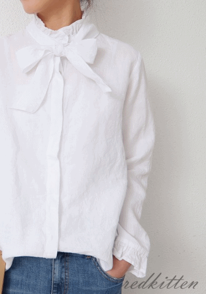 Linen Ribbon Frill Blouse-3Color-The string is removable