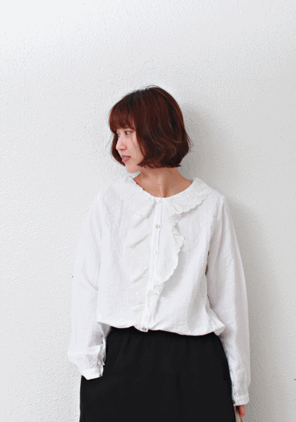 Front frill cotton blouse - 2Color