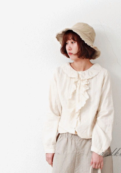 Front frill cotton blouse - 2Color