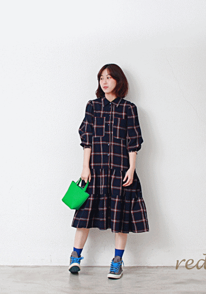 Check Puff Shirring Dress-2Color