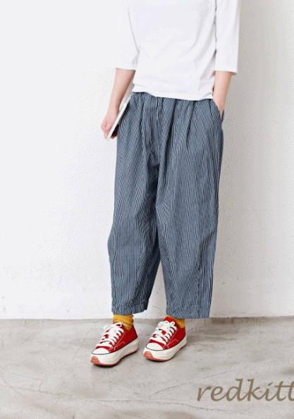 Stripe Pleated Baggy Pants-2Color