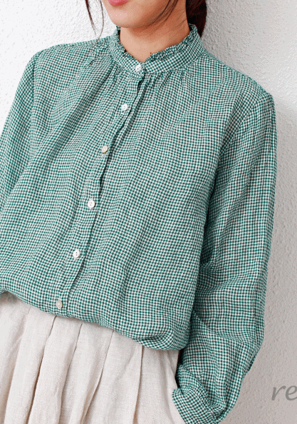 Fine check linen frill blouse-2 Colors