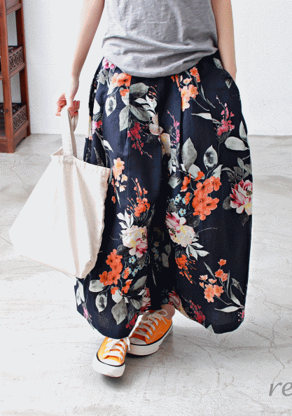 Flower pleated linen tube skirt pants-3Color