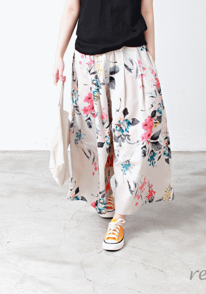 Flower Pleated Linen Tube Skirt Pants-3Color