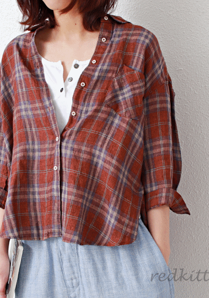 Linen check three-piece blouse