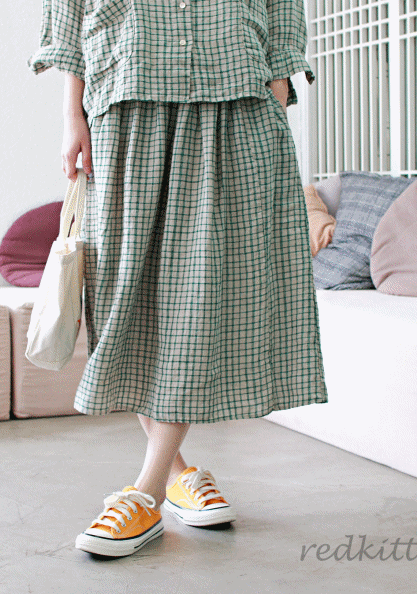 Square Check Linen Skirt-2Color