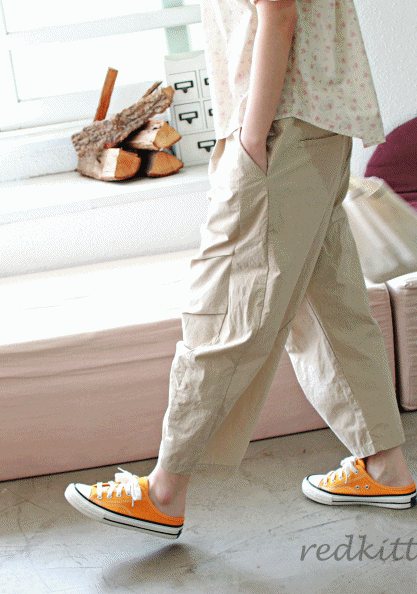 Side shirring pleated span pants-3Color