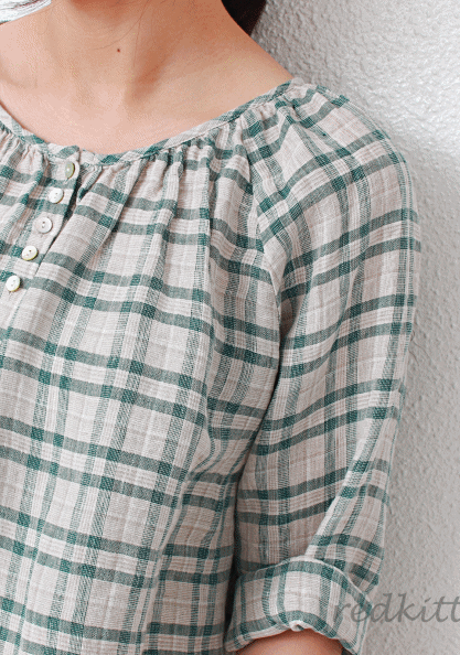 Square check shirring button blouse-2Color