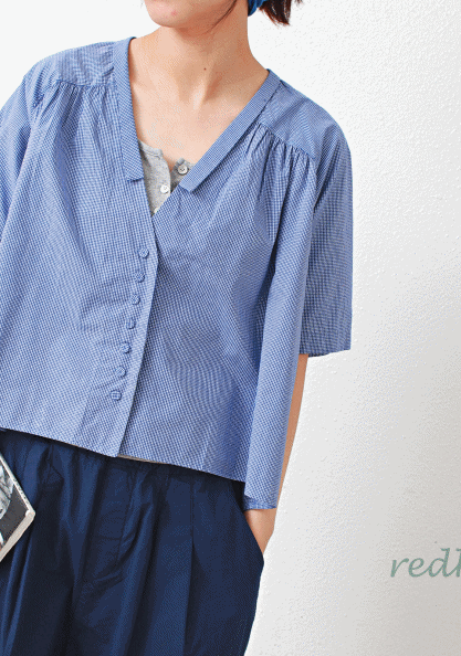 V Check Ray Line Blouse-3Color