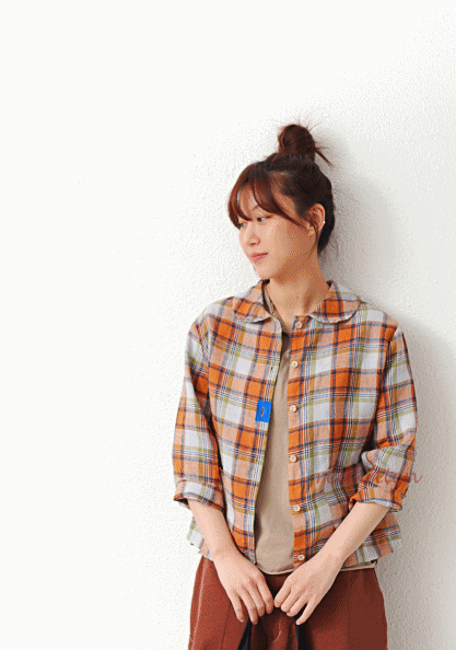 Round collar checked linen jacket-2 Colors