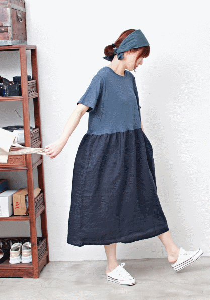 Cotton color matching linen dress-4 Colors